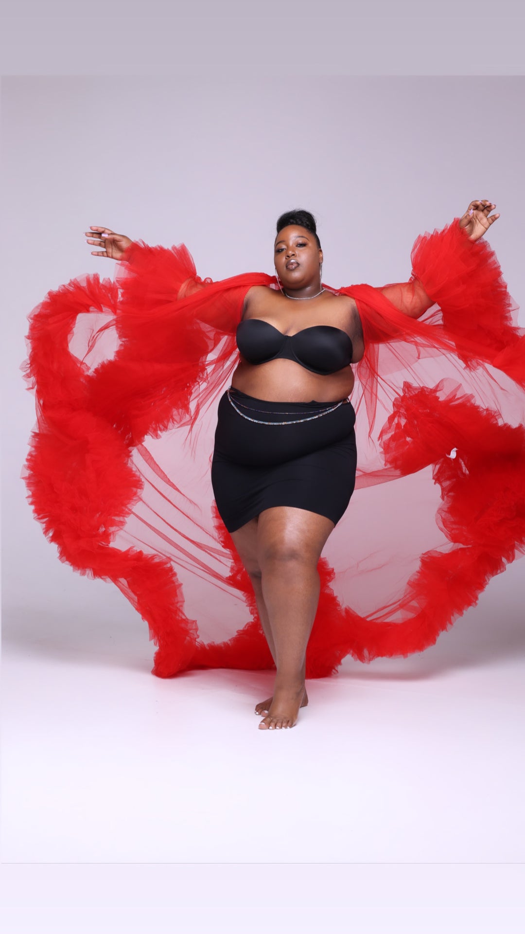 plus size red tulle dress Xpluswear Design Plus Size Cocktail Party Red V Neck Long Sleeve High Low Hem Ruffle Tulle Mini Dresses