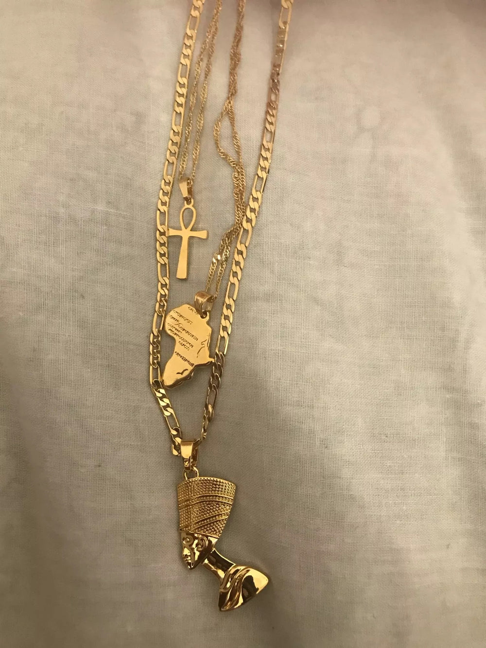 3 pieces Ankh, Nefertiti, and Africa map unisex gold necklace set.