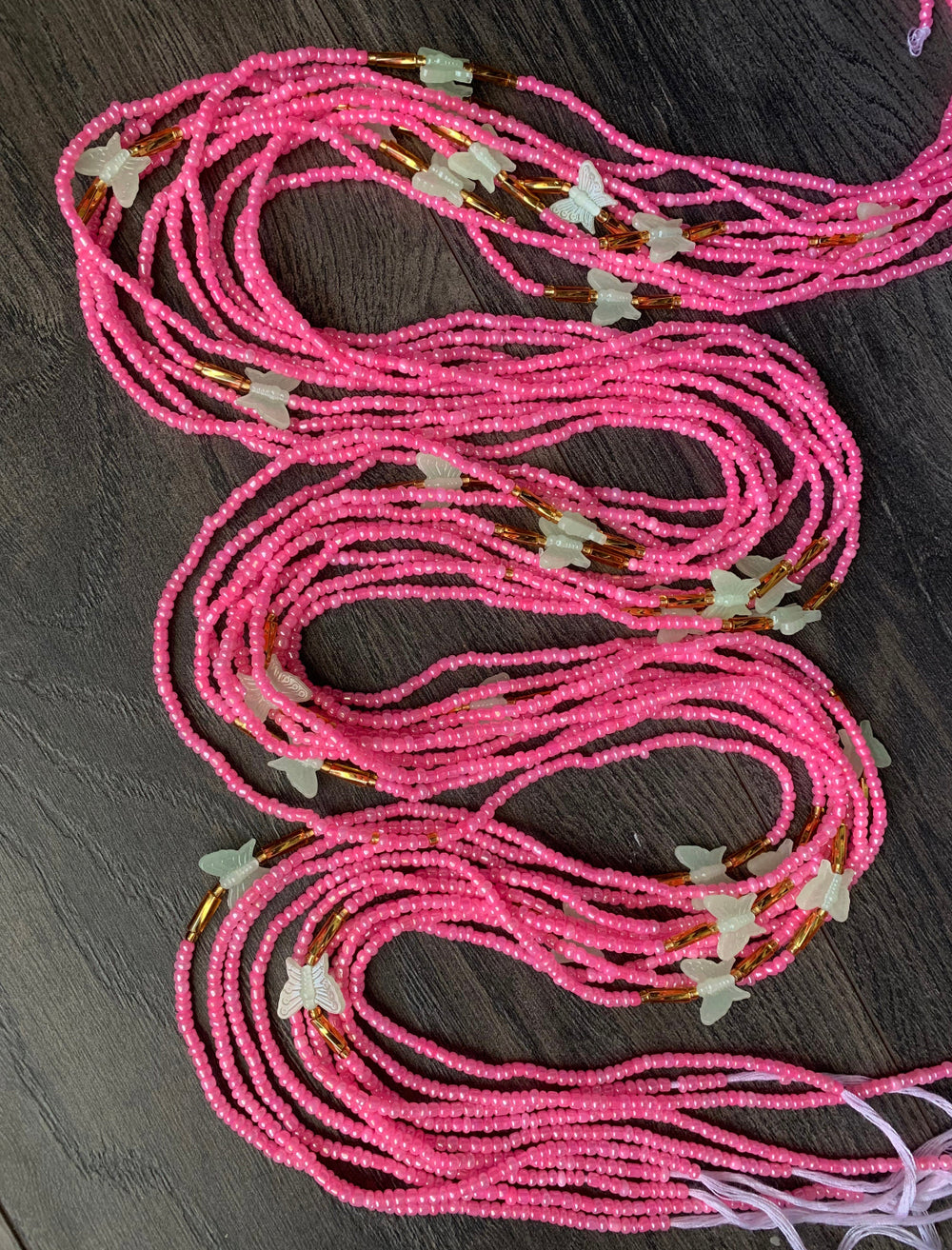 Pink, gold and glow in the dark butterfly 🦋 waist beads ❤️‍🔥